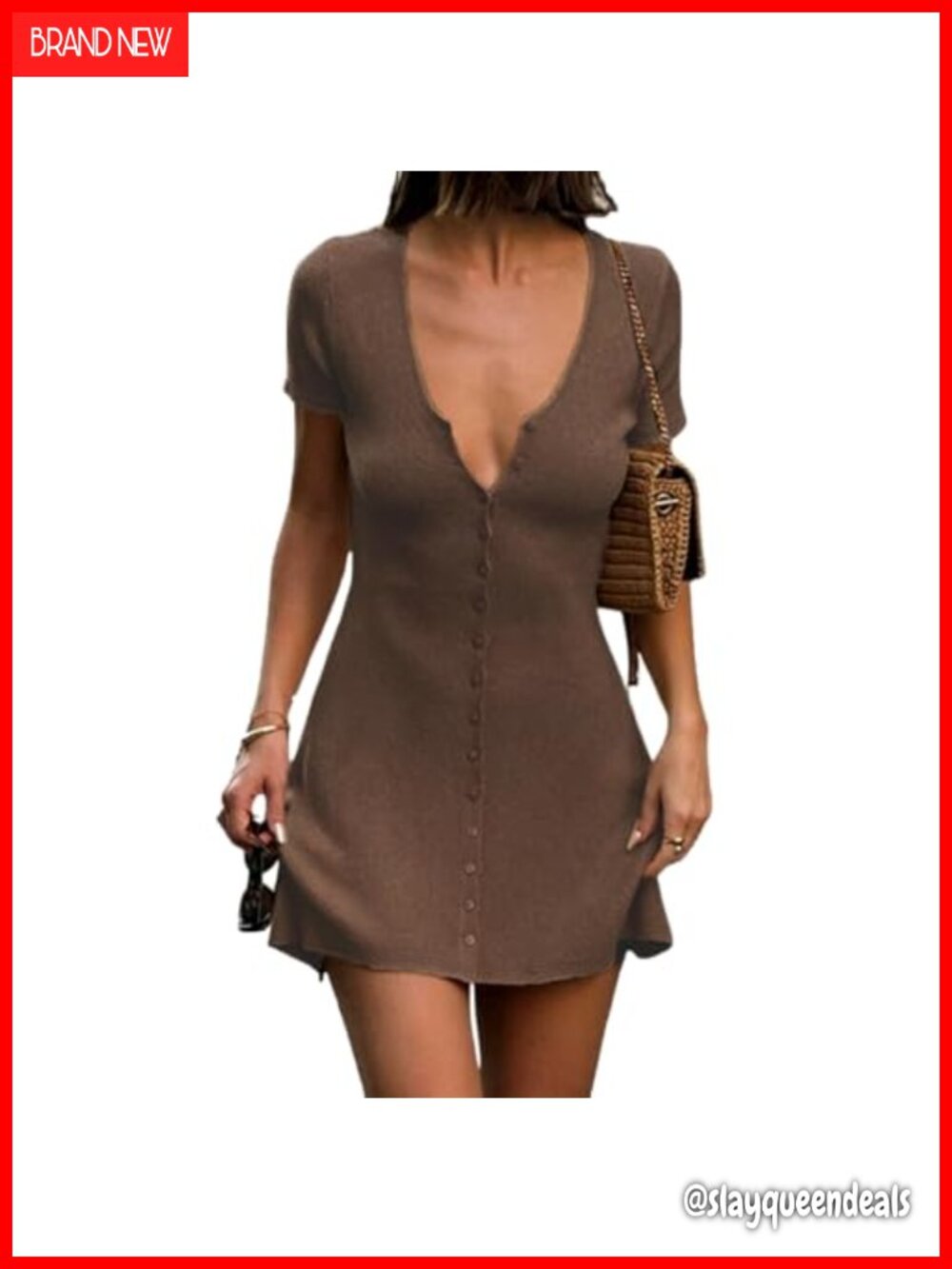 Rib Knit Button Down A-Line Mini Dress V Neck Short Sleeve Fit Flare